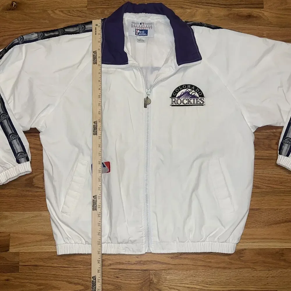 VINTAGE PRO PLAYER MLB COLORADO ROCKIES WHITE WINDBREAKER JACKET 1990s LARGE